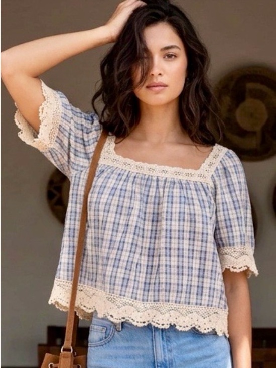 Bohemela Tops - NWOT Square-Neck Plaid Lace-Trim Blouse in Blue and Cream in M & L